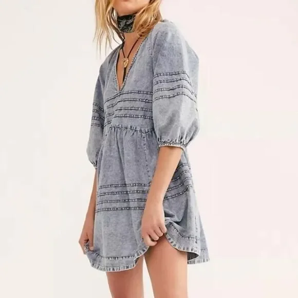 free people blue denim mini dress sweet surrender size large - Picture 1 of 6